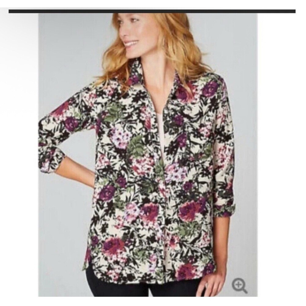 J. Jill Women's Long Sleeve Collared Button Up Blouse Top Polyester Floral Sz L